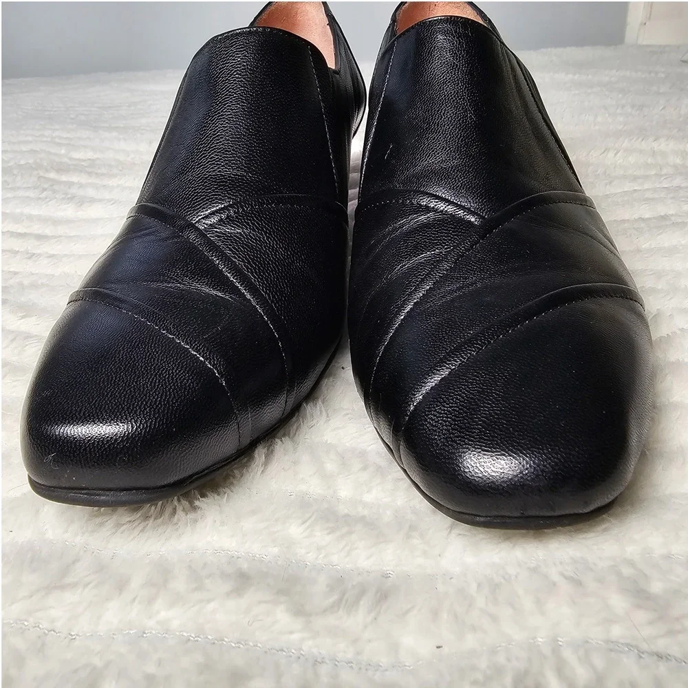 BeautiFeel Black Leather‎ Slip On Kitten Heel Pumps Shoes Office Career Luxury